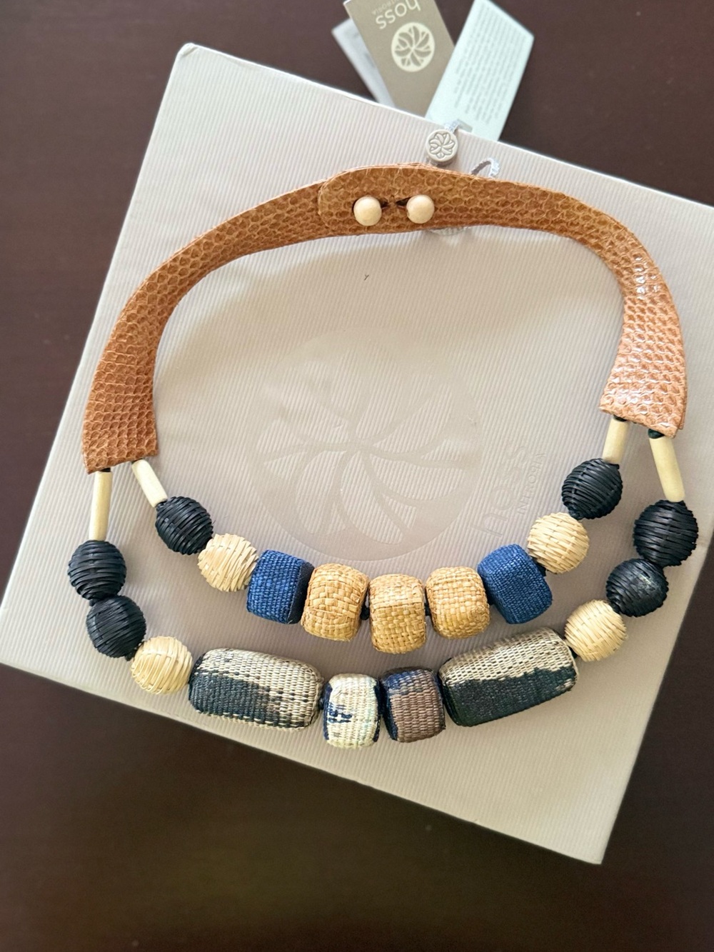 Handcrafted Multicolor Beaded Necklace with Tan Leather Collar